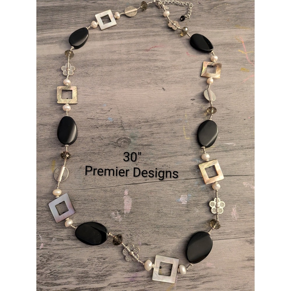 Premier Designs Black Mother of Pearl Beaded Necklace Silver Tone Geometric 30"